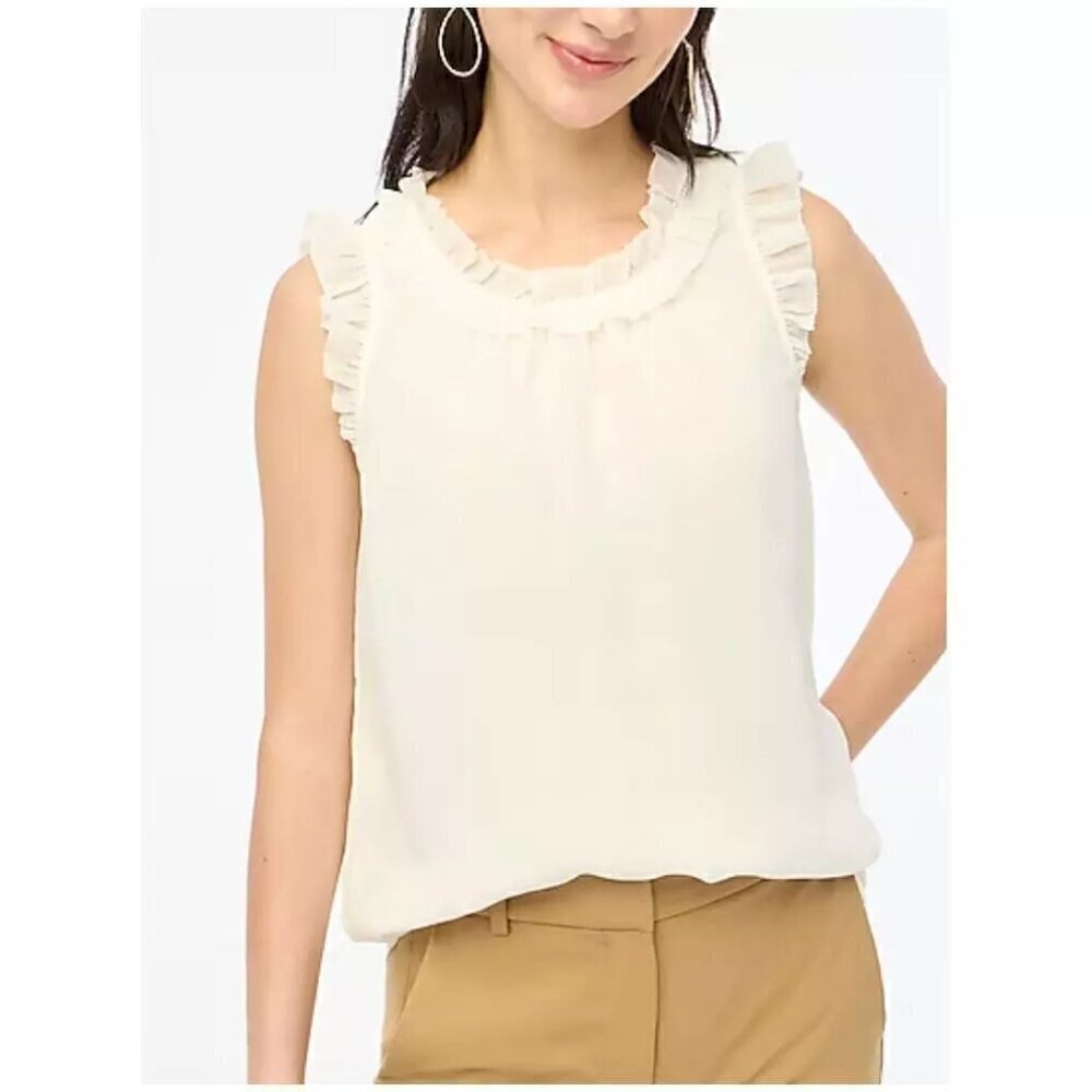 J. Crew Ruffleneck Sleeveless Keyhole Back Lightweight Crinkle Top Ivory Size L
